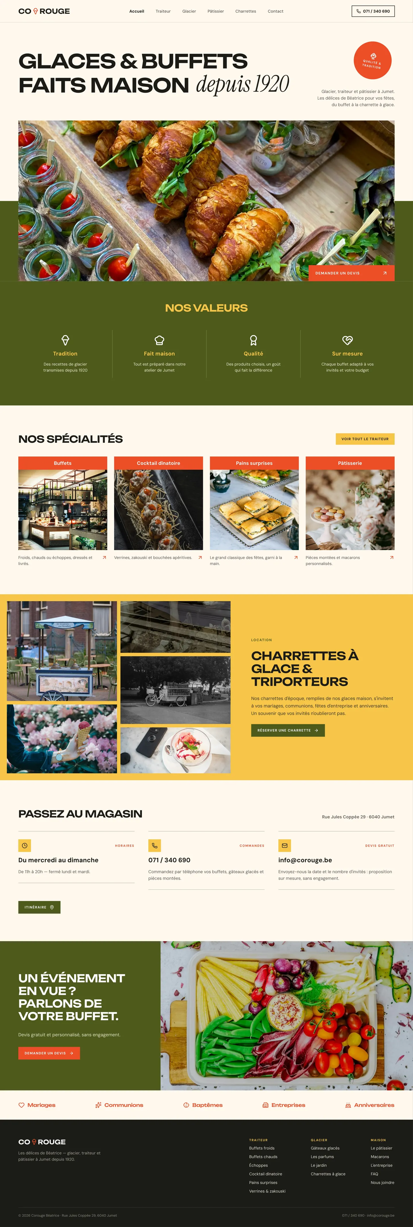 Page d’accueil complète du site Corouge glacier-traiteur