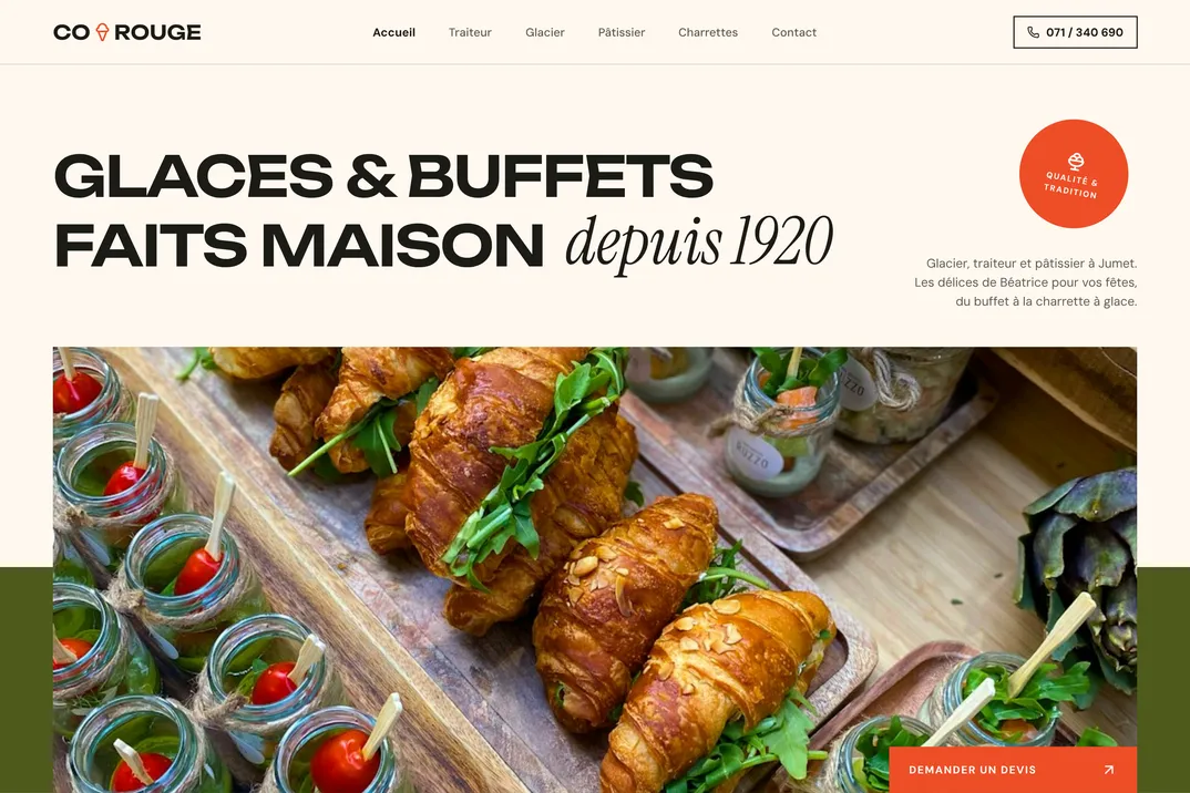 Nouveau site de Corouge : titre « Glaces & buffets faits maison depuis 1920 » et grande photo de buffet